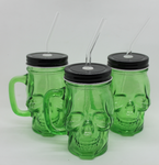 Totenkopf Henkelglas grün mit Glastrinkhalm
